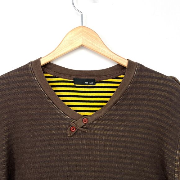 Brown Yellow Striped V Neck Henley Sweater Button Detail Mens Size M Net Man - Picture 4 of 9